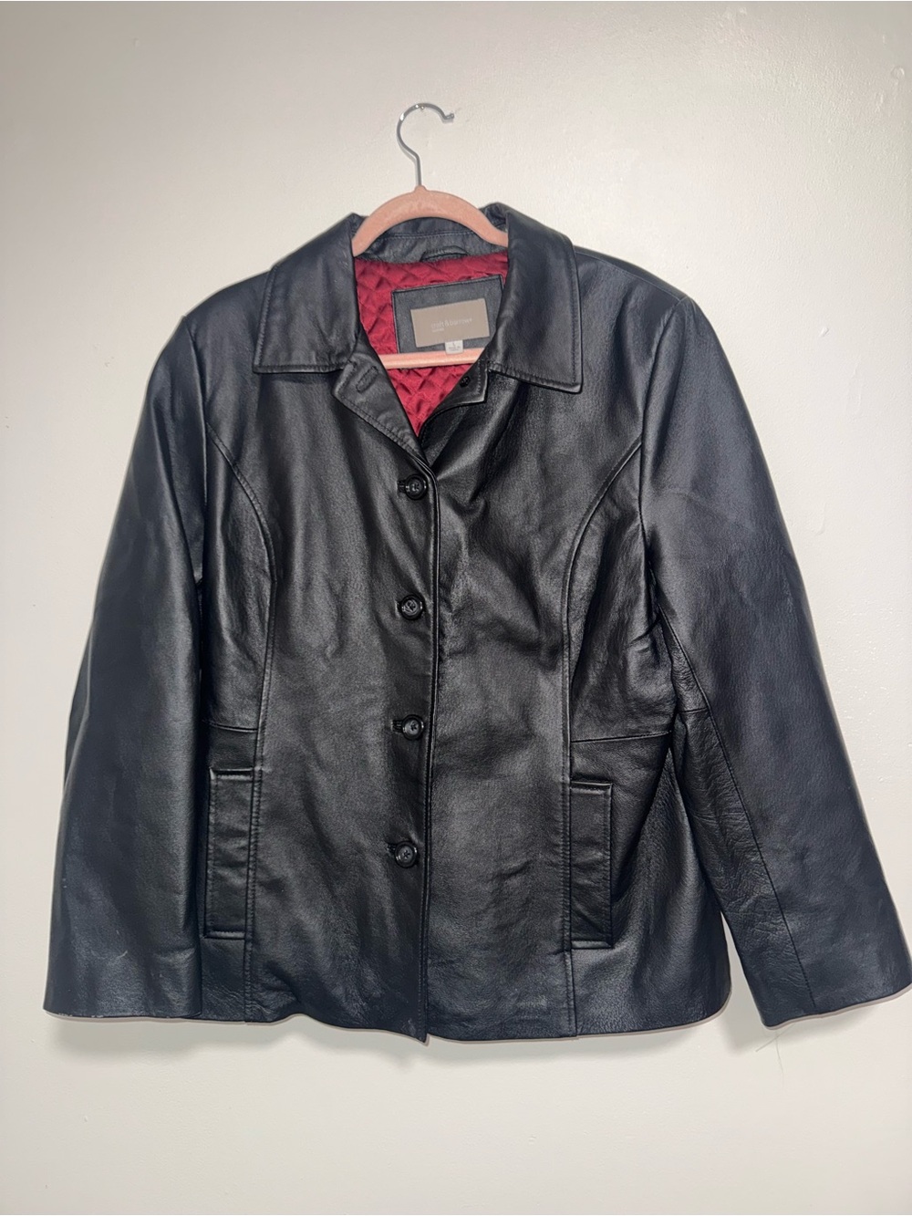 croft & barrow Black Leather Women's Button-Front Jacket with Red Quilted Lining